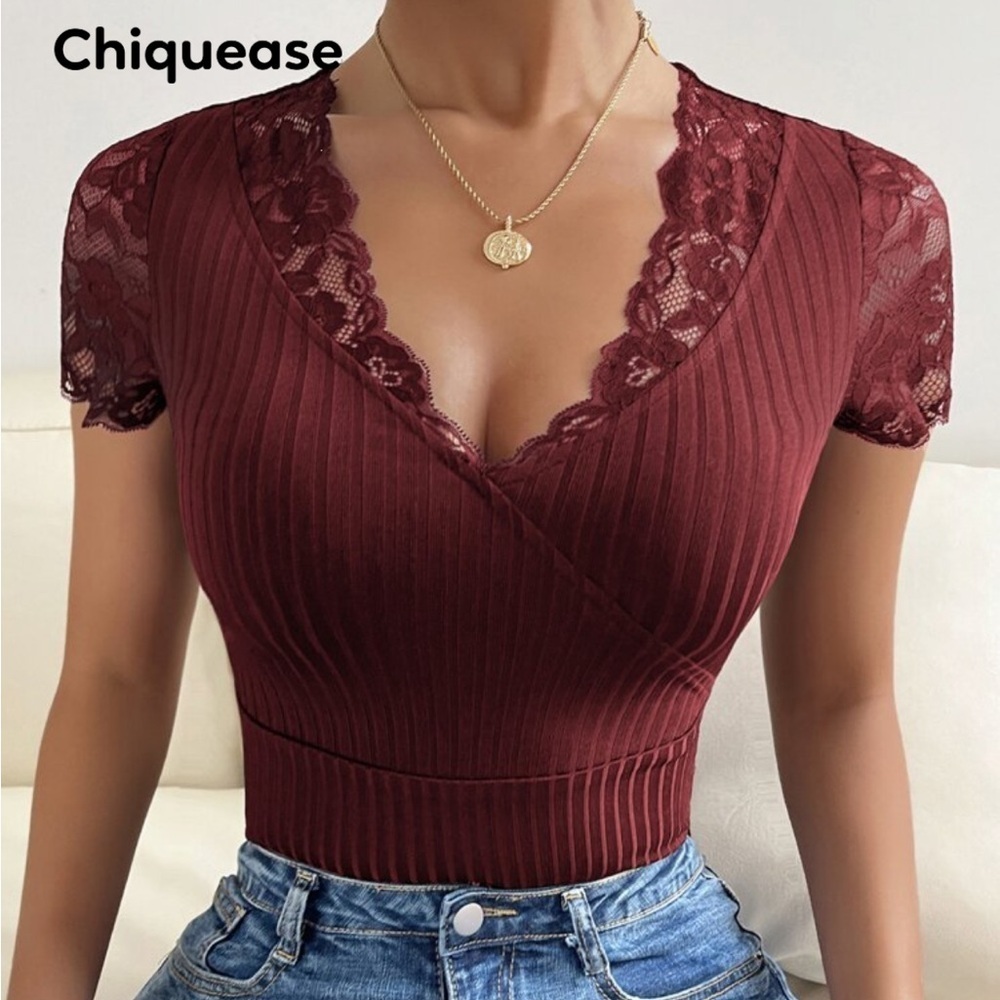 Shein Maroon Lace Panel Rib Knit V-neck Short Sleeve Stretchy T-shirt Top Sz M